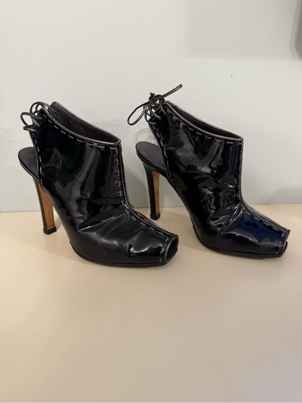 Manilo Blahnik Patent Leather Open Toe Booties